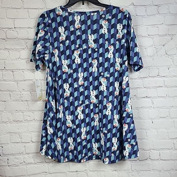 LuLaRoe OLAF Print Perfect T Shirt Disney Frozen Swing Tee Blue Knit Top Small - Picture 5 of 9